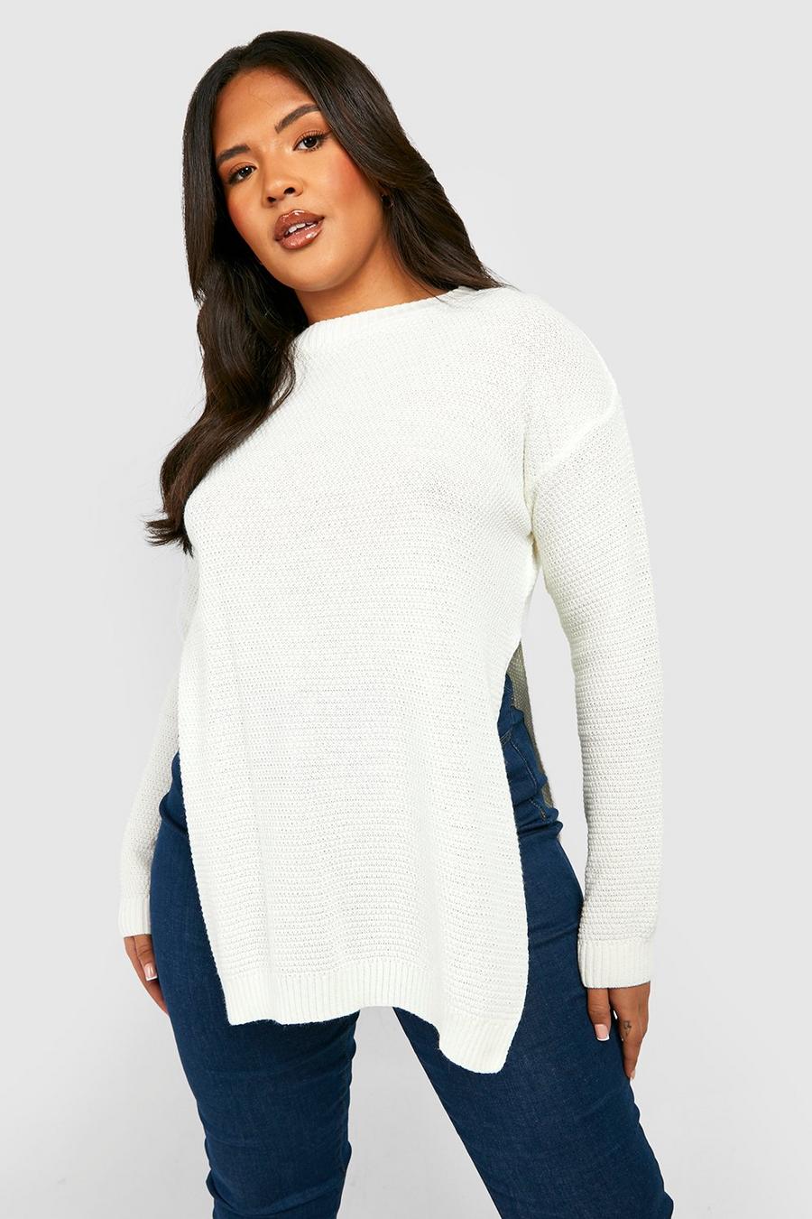 Cream white Plus Side Split Moss Stitch Tunic Sweater image number 1
