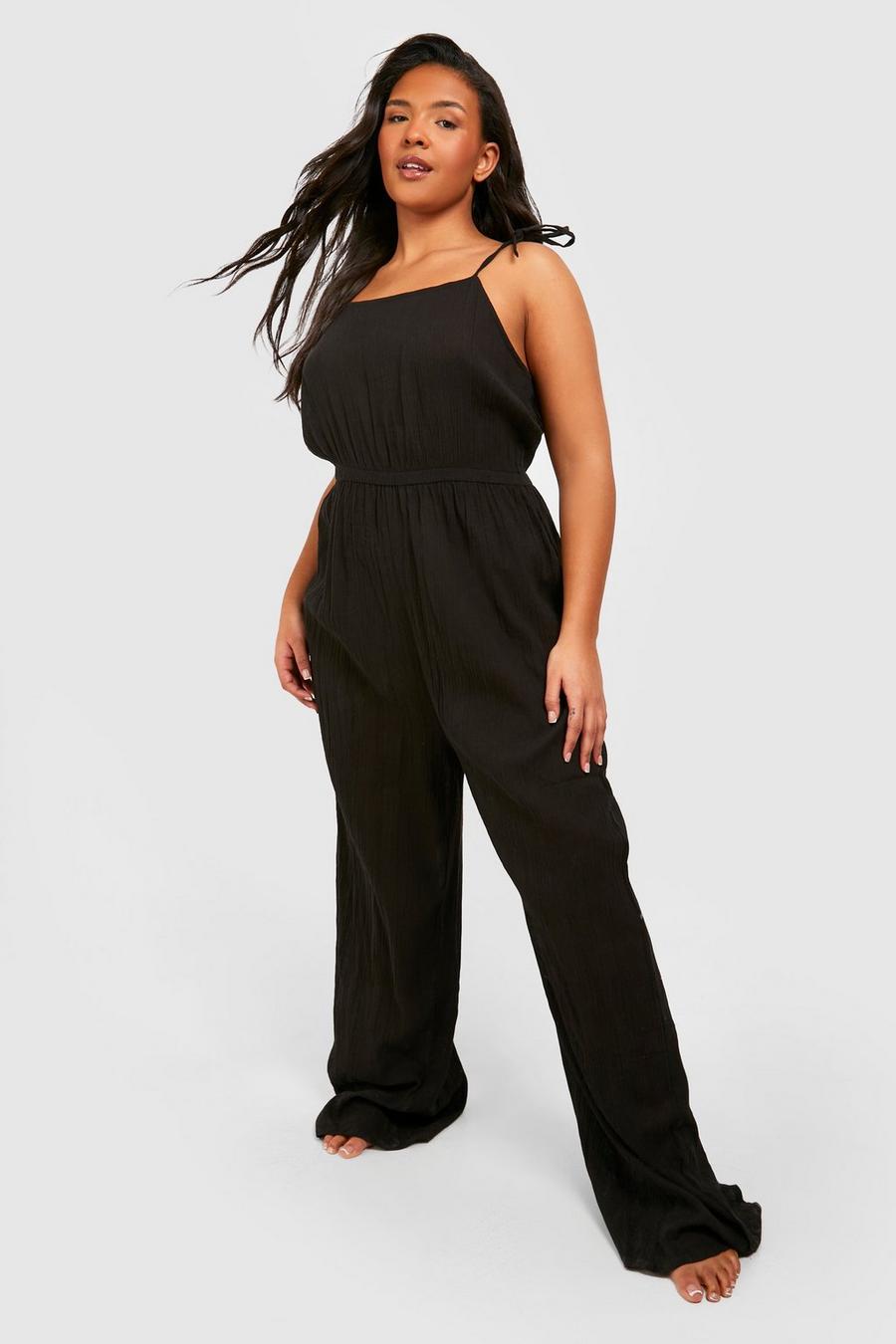Black Plus Cheesecloth Beach Jumpsuit