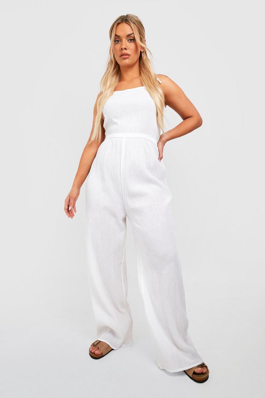 White Plus Cheesecloth Beach Jumpsuit