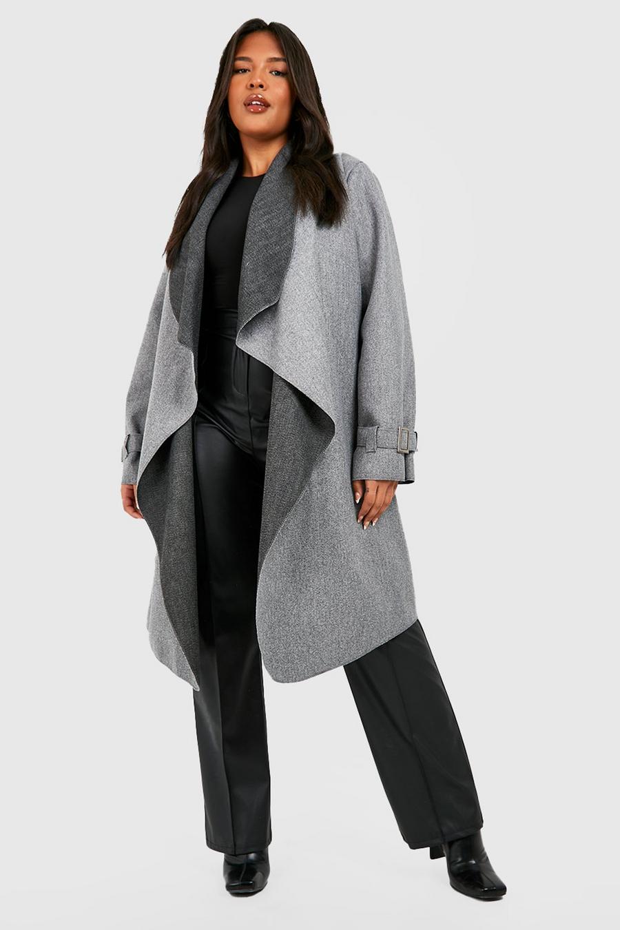 Grey Plus Longline Waterfall Cuff Detail Coat 