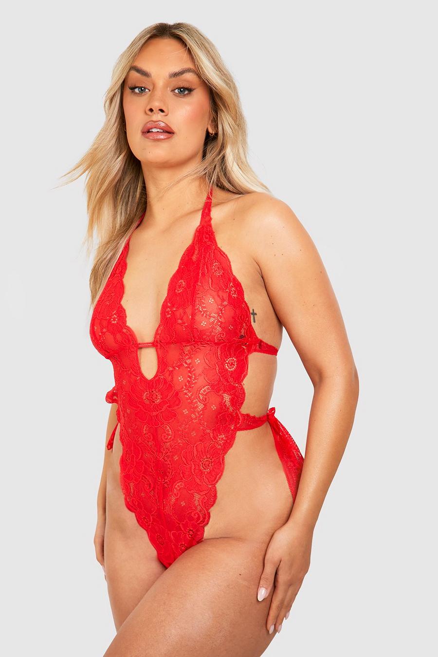 Red Plus Lace Plunge Tie Side Bodysuit image number 1