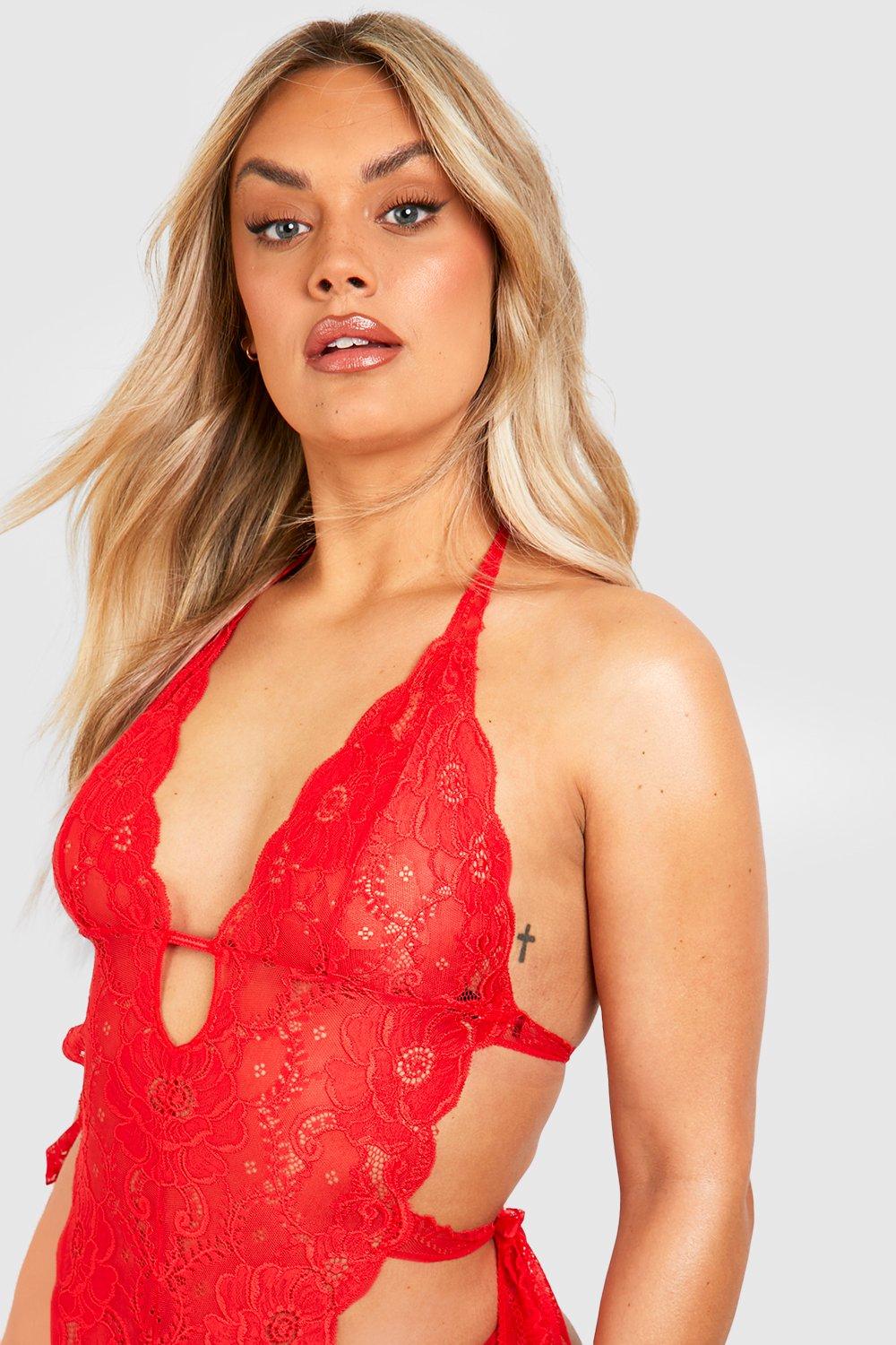 Buy Boohoo Lace Bodysuit Top In Red