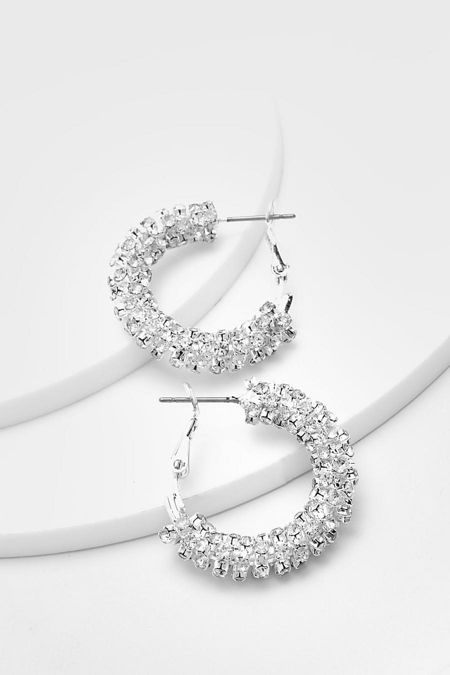 Silver Crystal Cup Chain Chubby Hoop Earrings image number 1