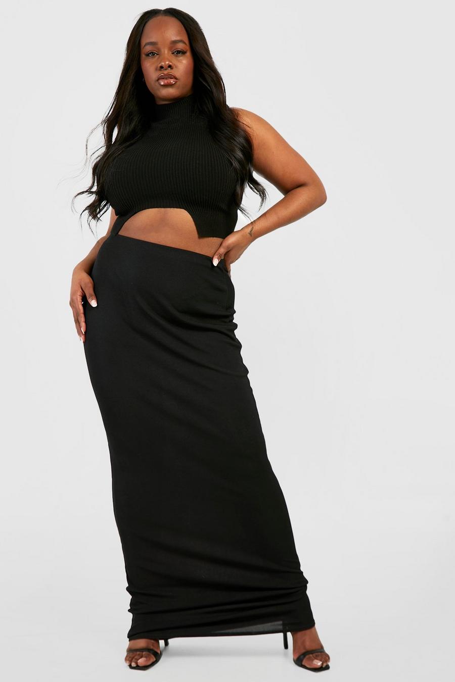 Black Plus Basic Ribbed Floor Length Maxi Skirt image number 1