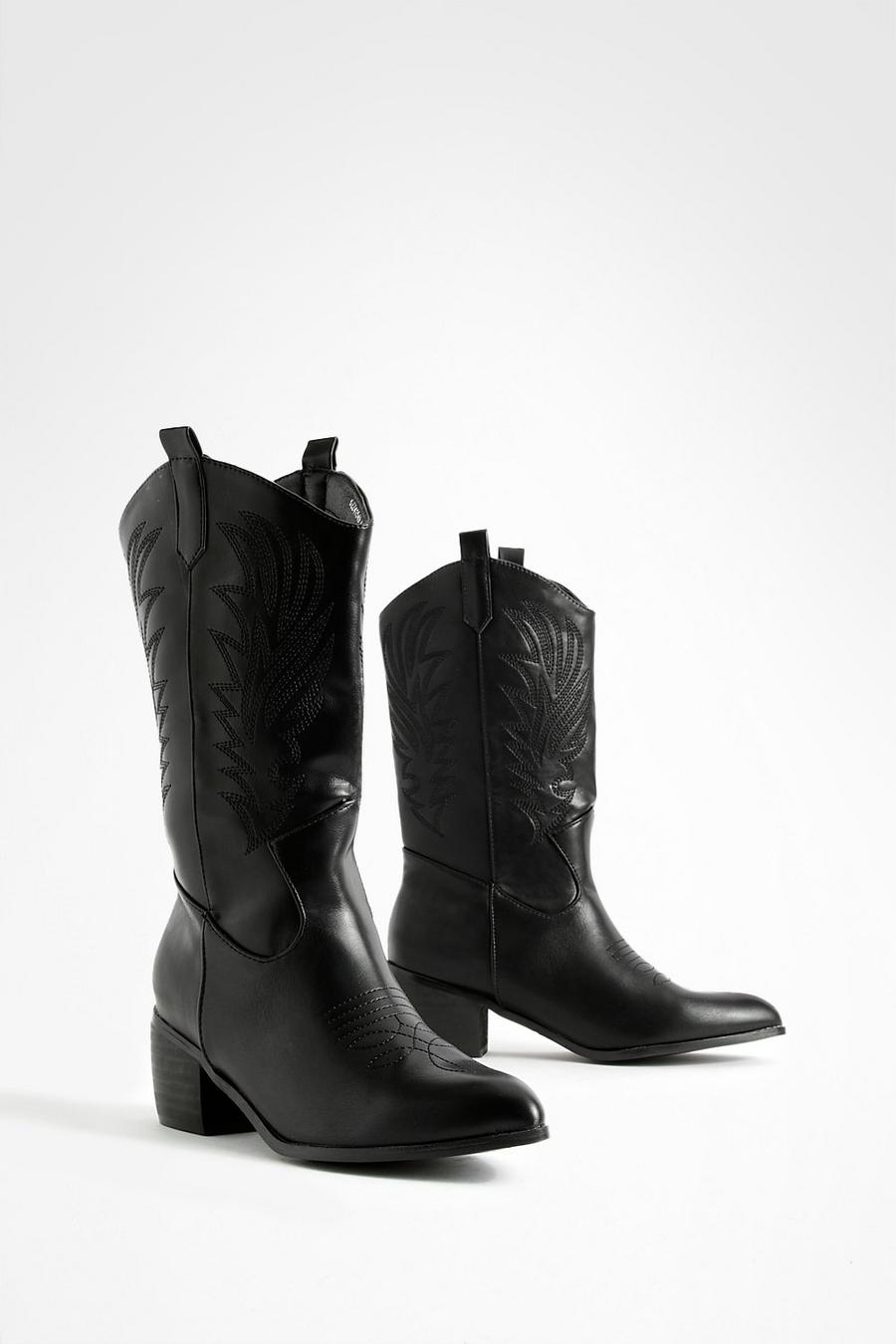 Black Wide Fit Tab Detail Ankle Cowboy Western Boots