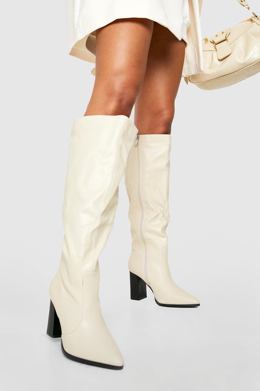 Cream Wide Width Knee High Pointed Toe Boots image number 1