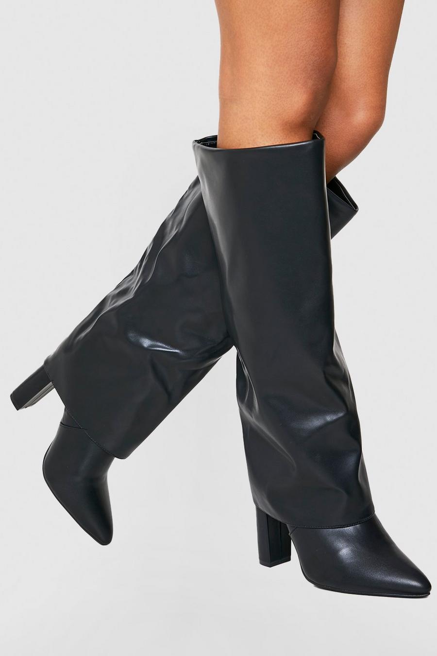 Black Wide Fit Pointed Knee High Fold Over Boots