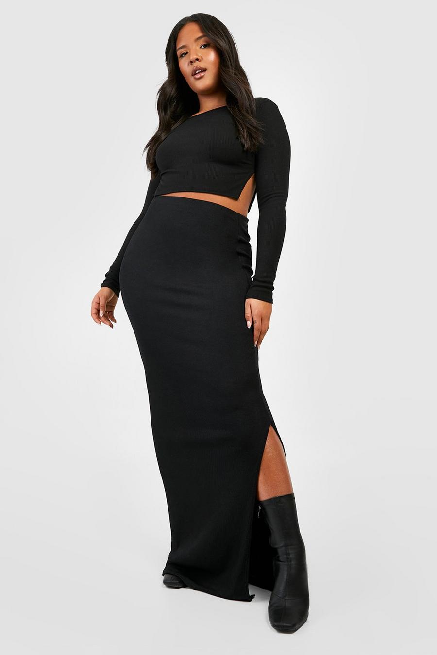 Black noir Plus Basic Ribbed High Waisted Split Maxi Skirt