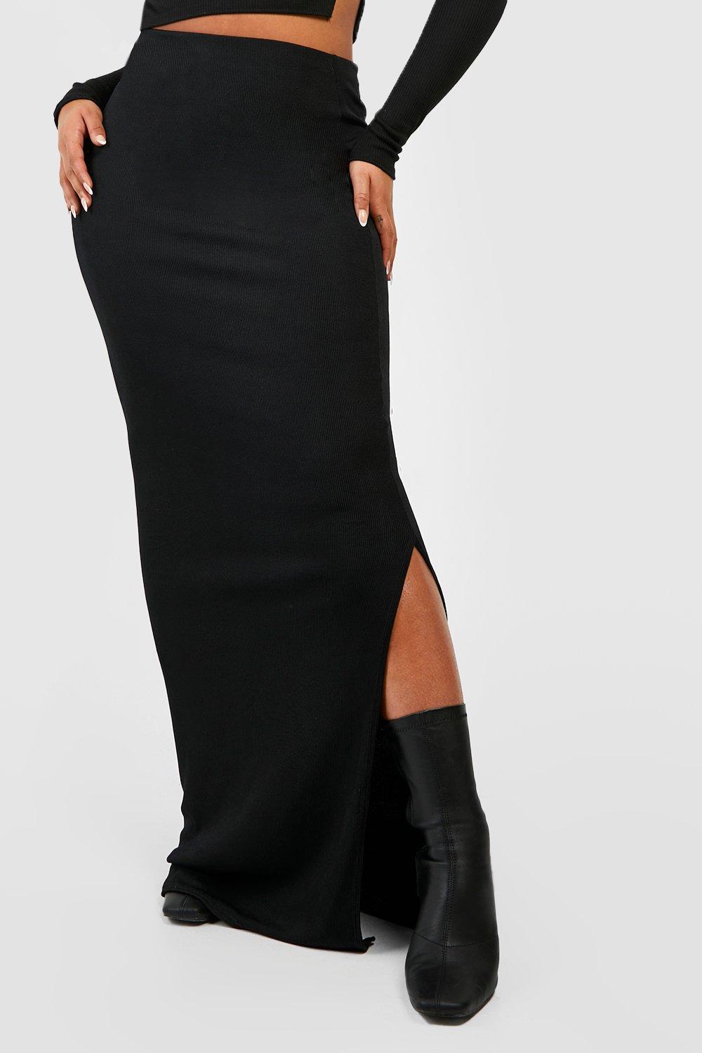 Basic Solid Black High Waisted Split Maxi Skirt