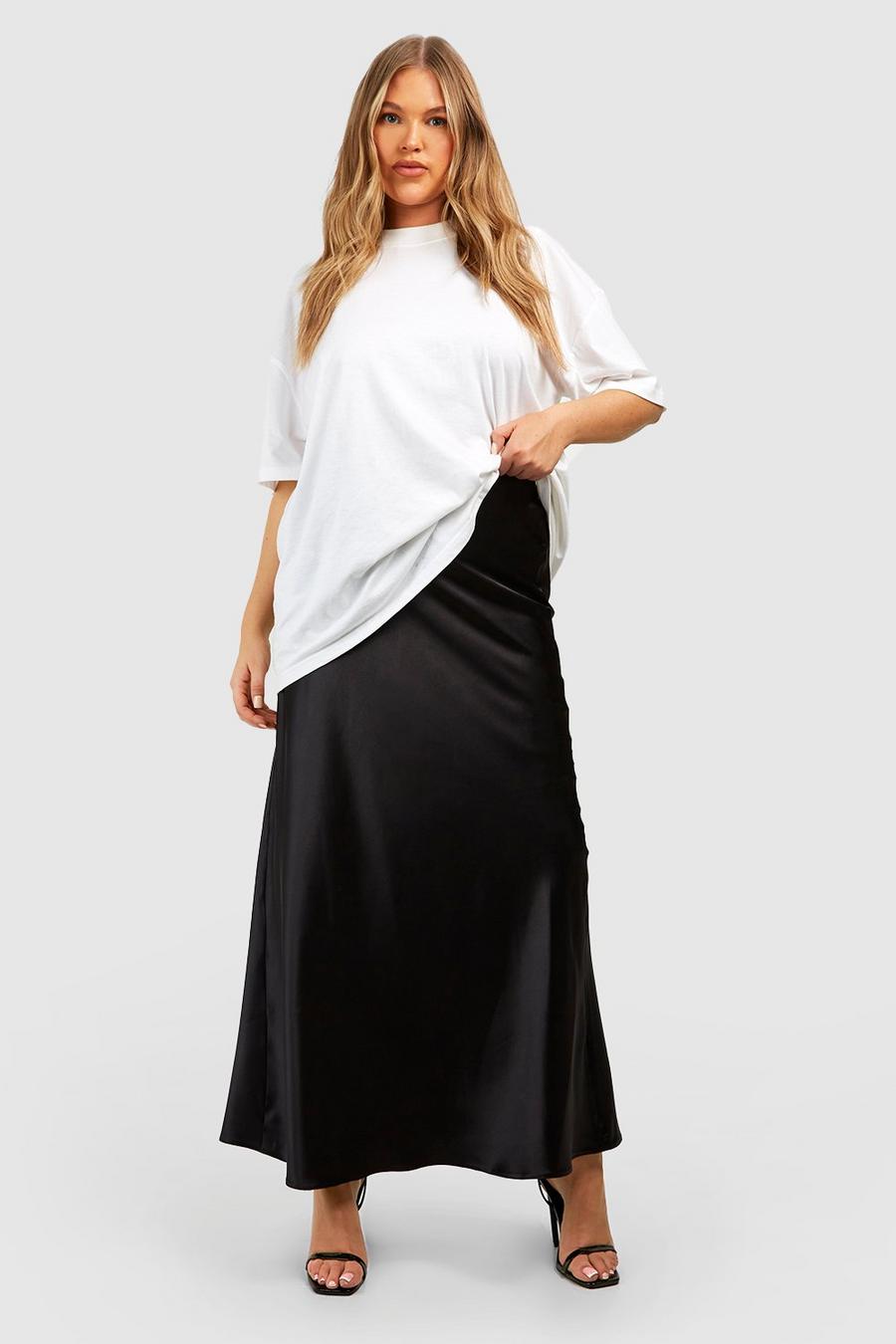 Gonna maxi pull-on Plus Size in raso con taglio sbieco, Black image number 1