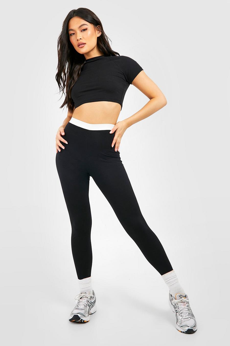 Black Contrast Waistband High Waisted Leggings image number 1