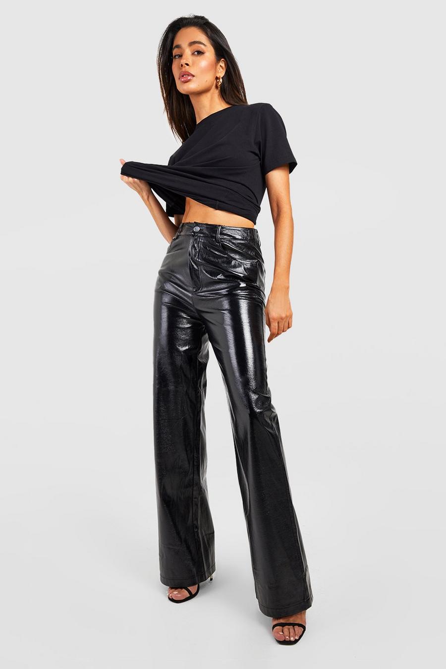 Pantalon taille haute en simili métallisé, Black image number 1