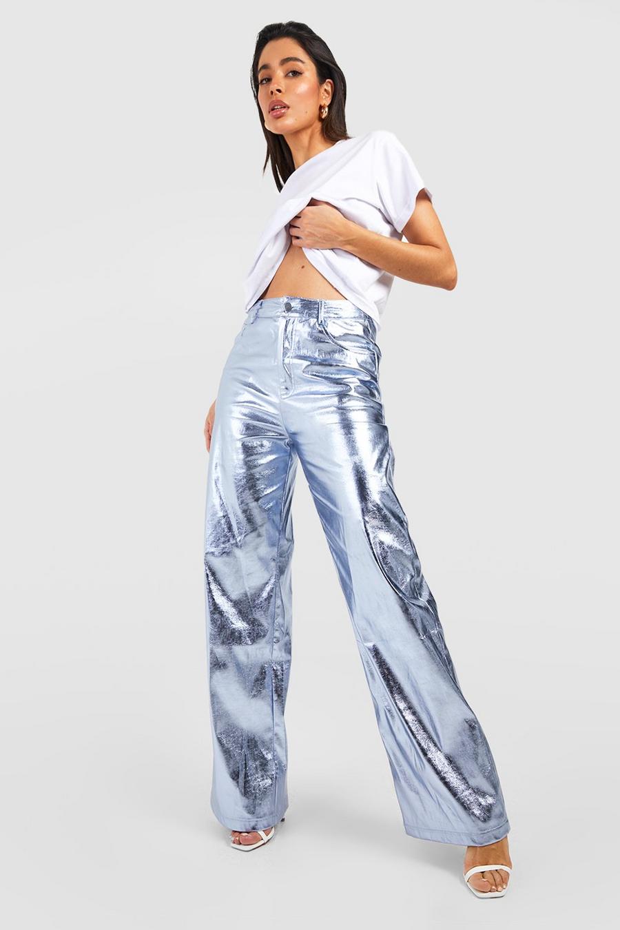 Blue High Waisted Metallic Full Length Pants