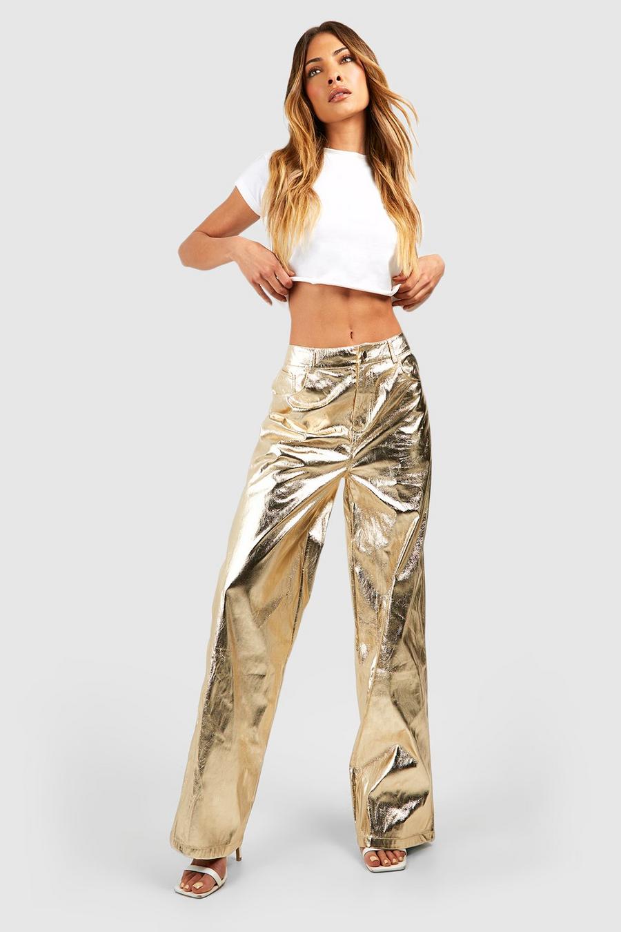 Pantalon taille haute en similicuir métallisé, Gold métallique