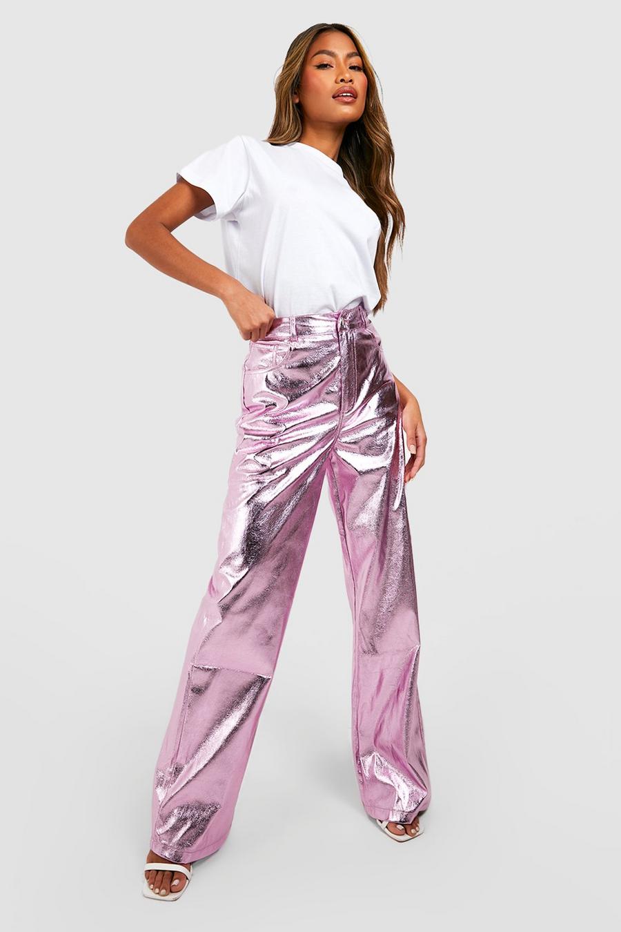Pantalon taille haute en similicuir métallisé, Pink rosa