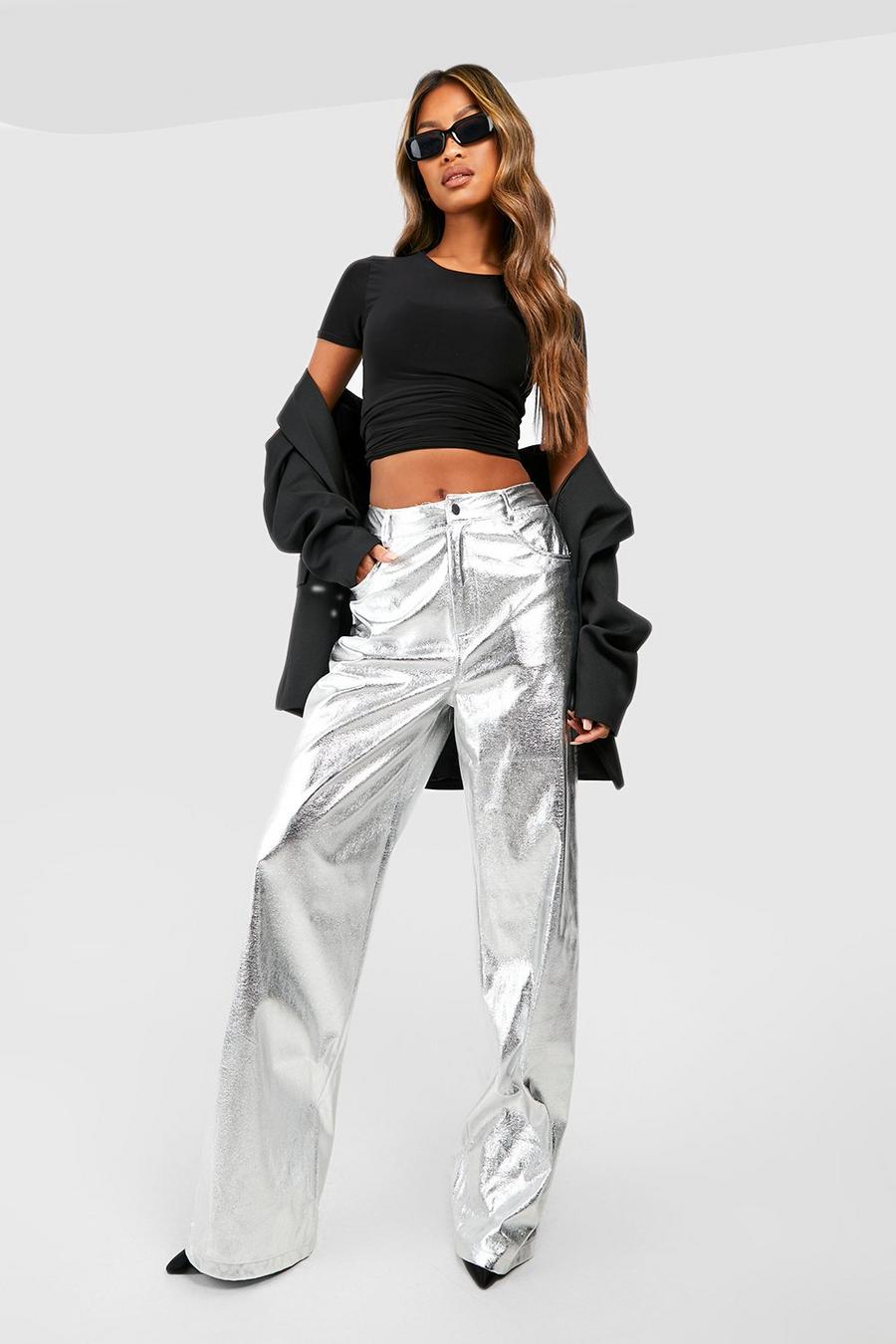Silver argent High Waisted Metallic Full Length Trousers