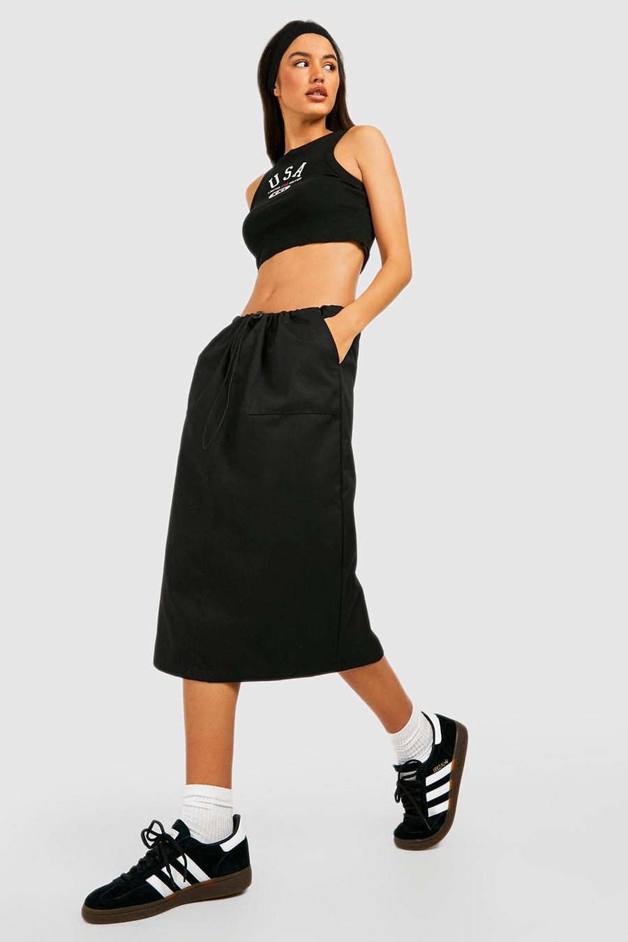 Black Drawcord High Waisted Cargo Midi Skirt image number 1