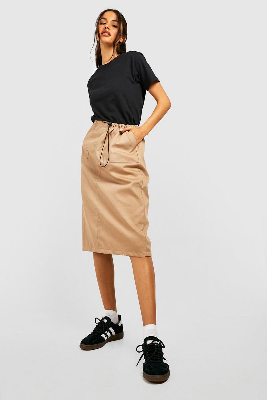 Olive Drawcord High Waisted Cargo Midi Skirt image number 1