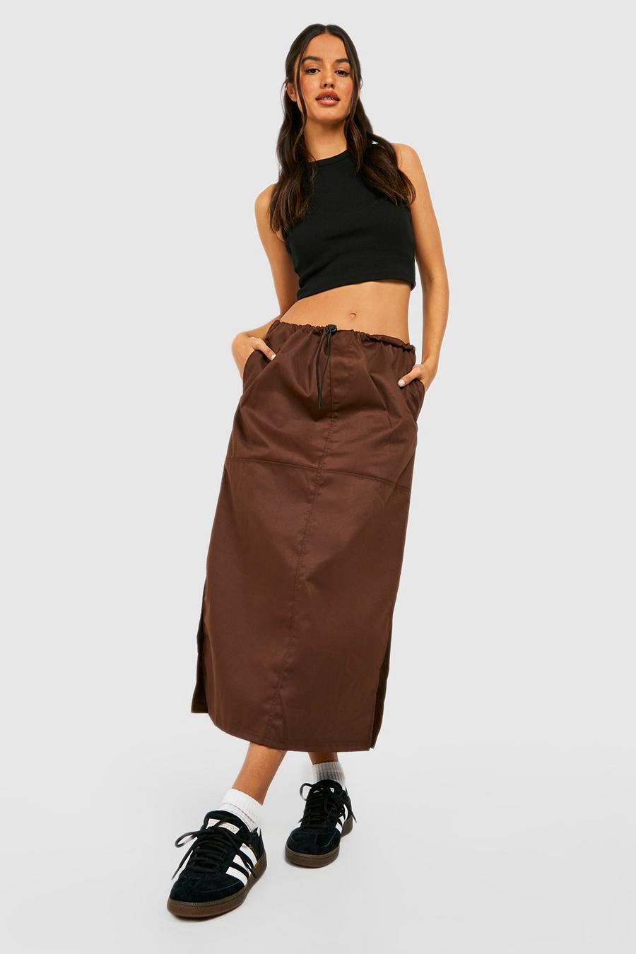 Chocolate Drawcord High Waisted Split Cargo Midaxi Skirt image number 1