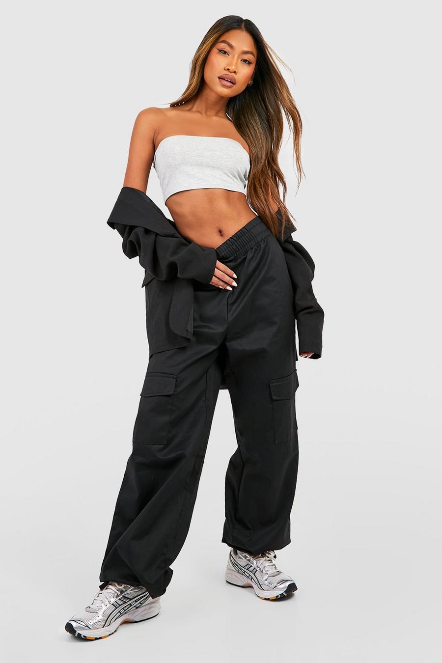 Black High Waisted Tie Cuff Cargo Joggers image number 1
