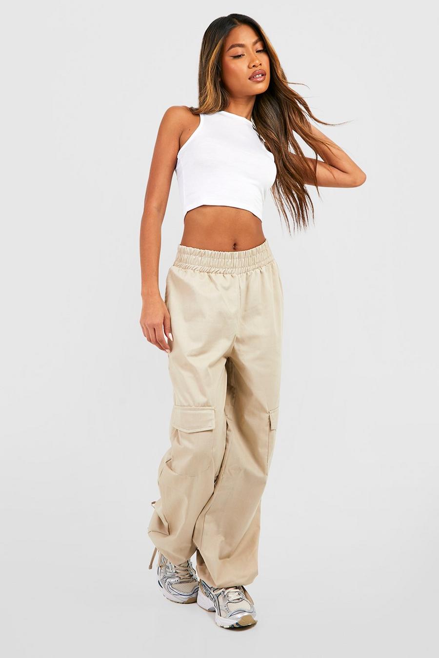 Stone beige High Waisted Tie Cuff Cargo Joggers