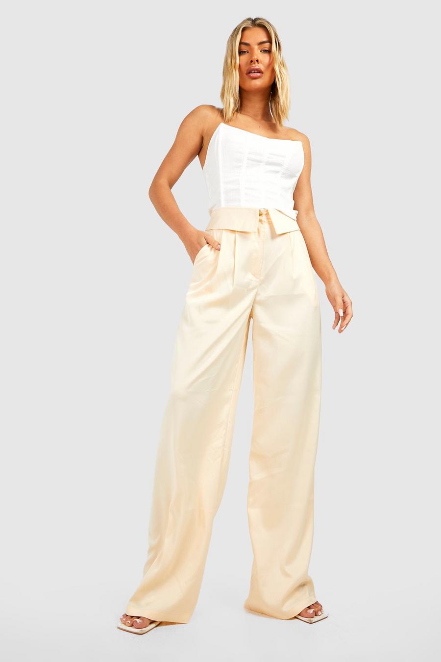 Ivory Satin Folded Waistband Wide Leg Trousers image number 1