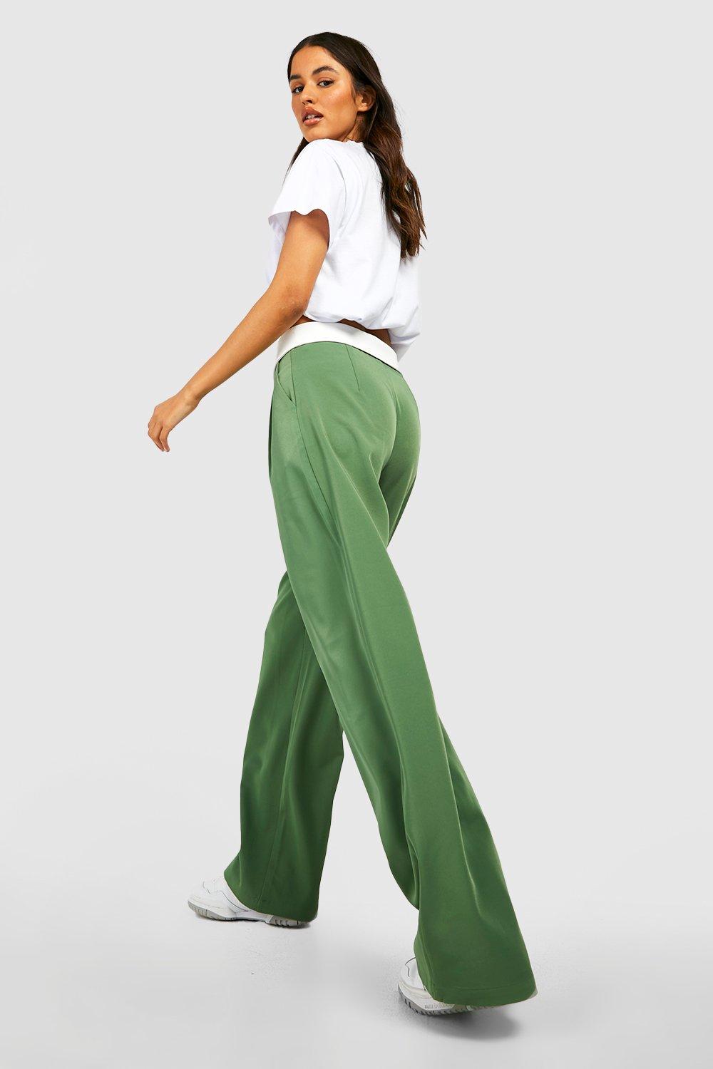 Folded Waistband Wide Leg Tailored Pants - Green