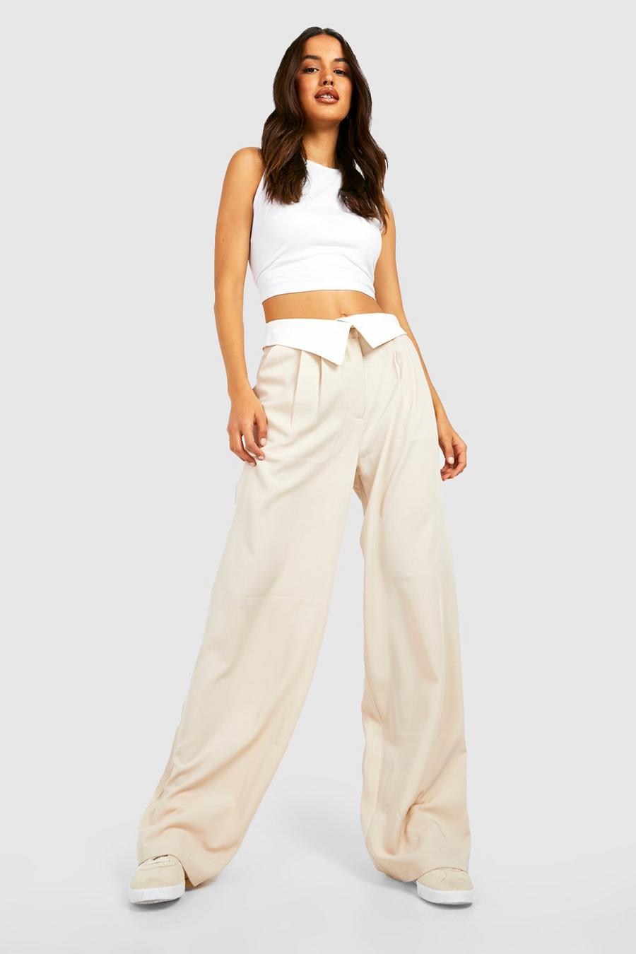 Ivory white Folded Waistband Wide Leg Tailored Trousers