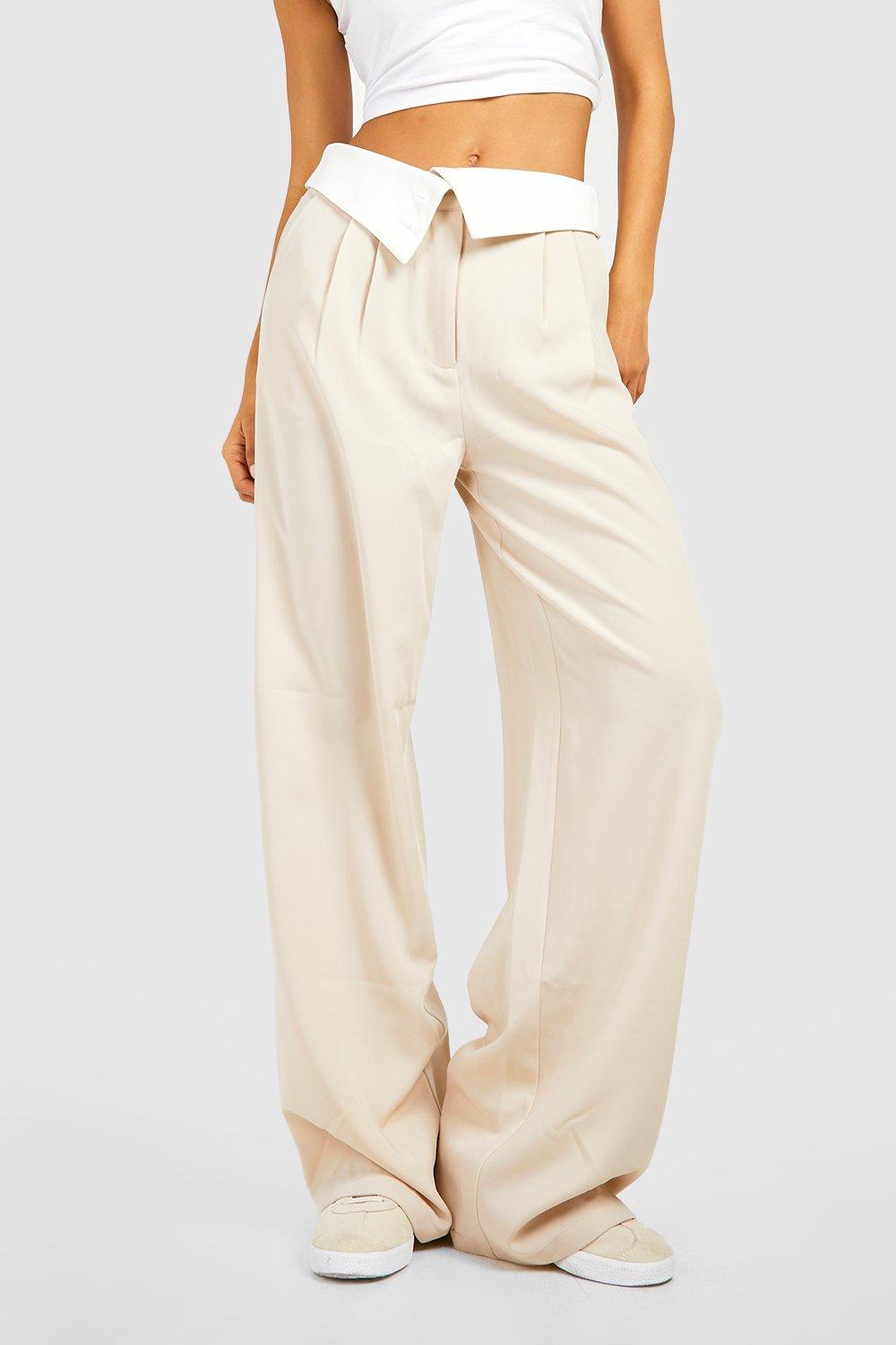 Folded Waistband Wide Leg Dress Pants