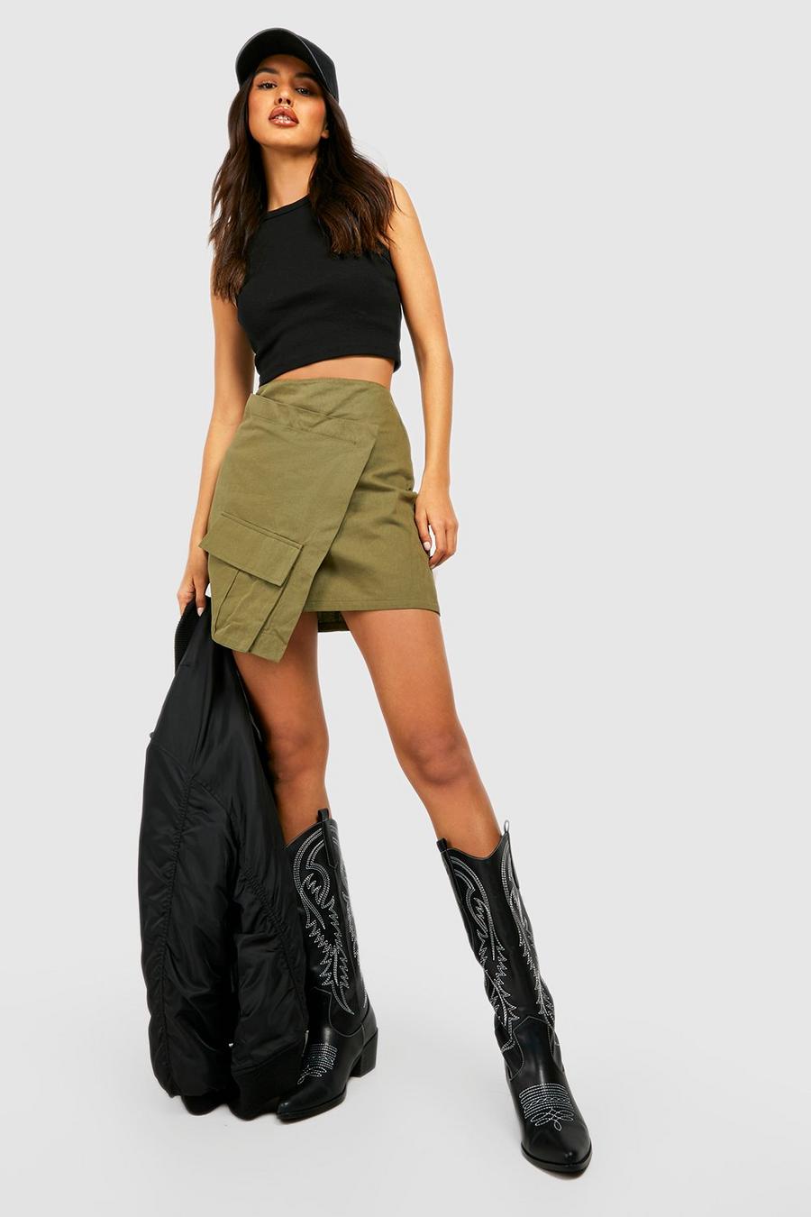 Khaki kaki Asymmetric Hem Cargo Mini Skirt