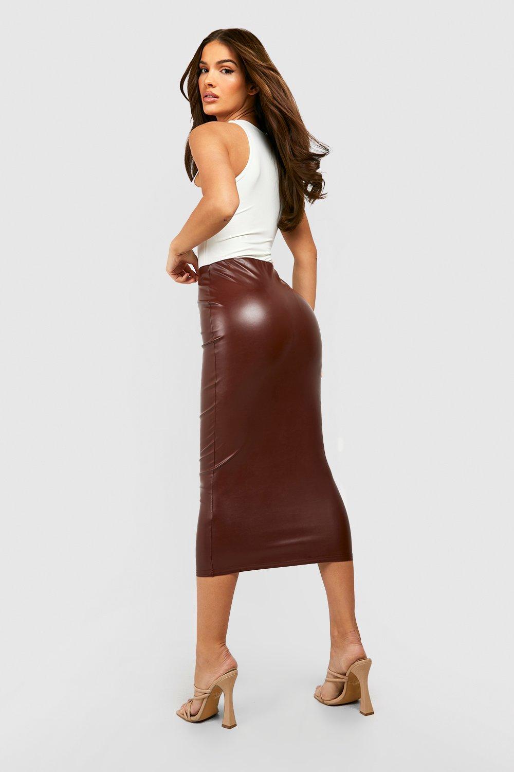 Brown leather 2025 skirt boohoo