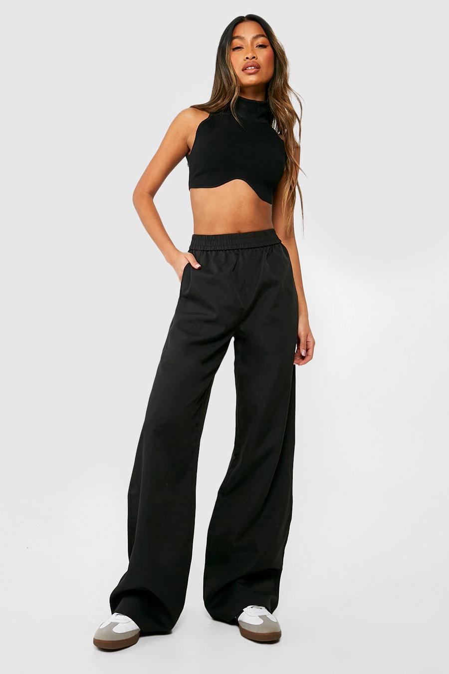 Black Elasticated Waist Relaxed Fit Wide Leg Trousers image number 1