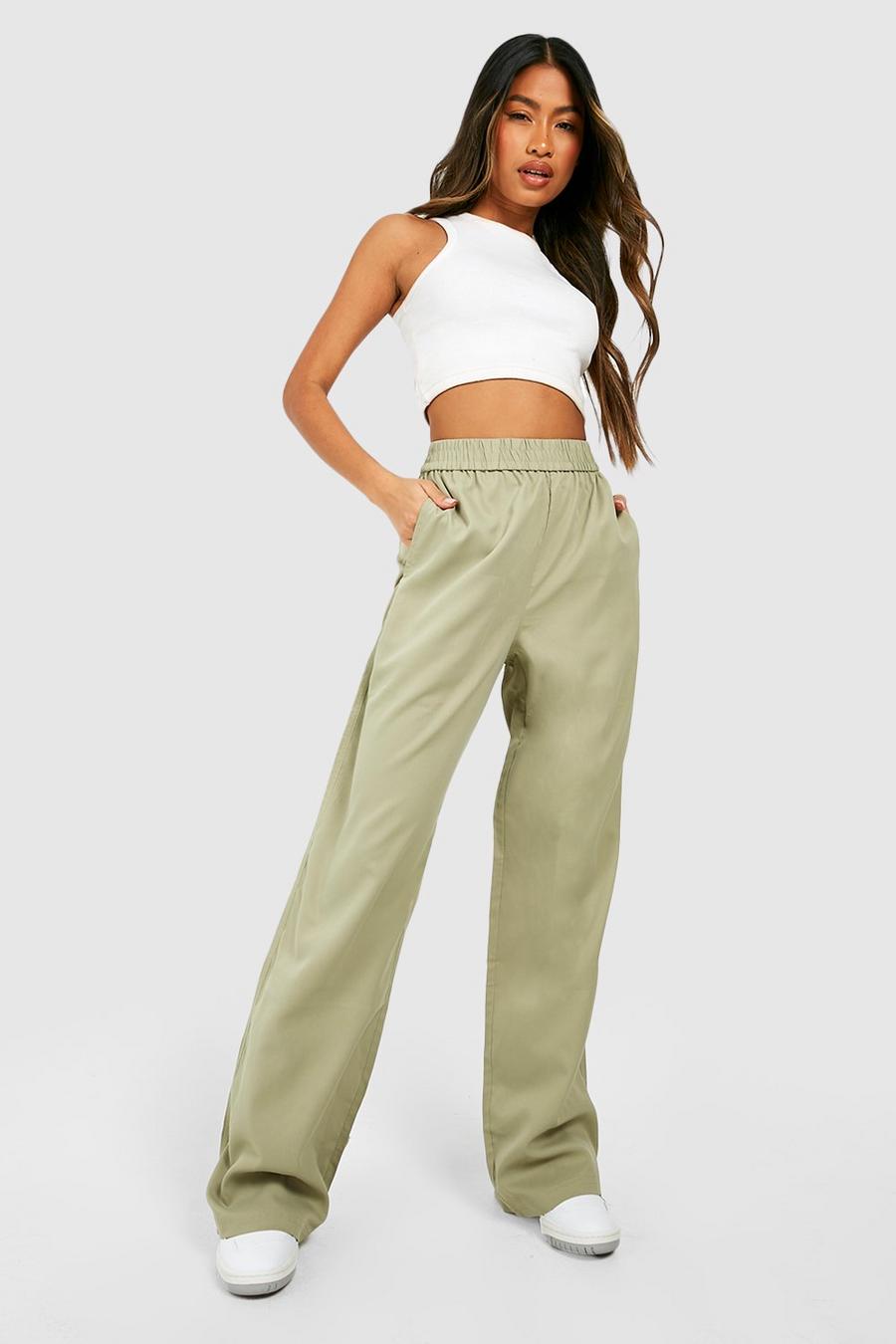 Khaki Elasticated Waist Relaxed Fit Wide Leg Pants image number 1