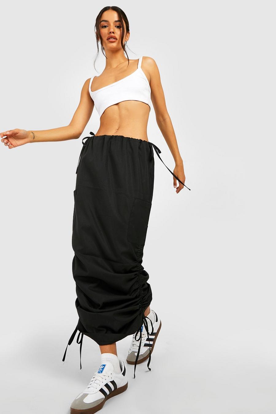 Black Ruched Hem Parachute Midaxi Skirt image number 1