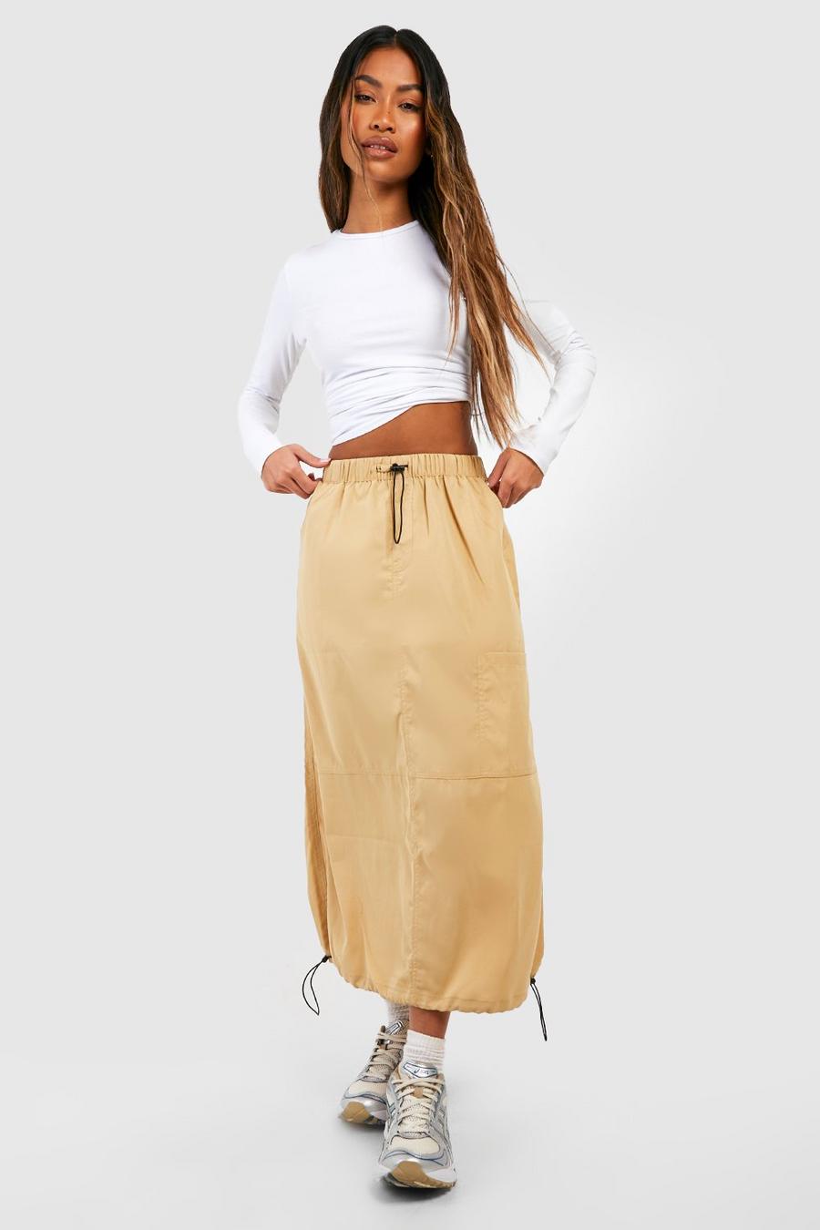 Stone beige Parachute Drawcord Toggle Detail Midi Skirt image number 1