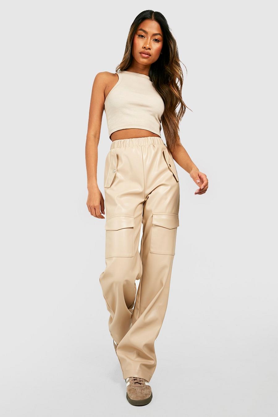 Ecru white Faux Leather High Waisted Wide Leg Cargo Pants