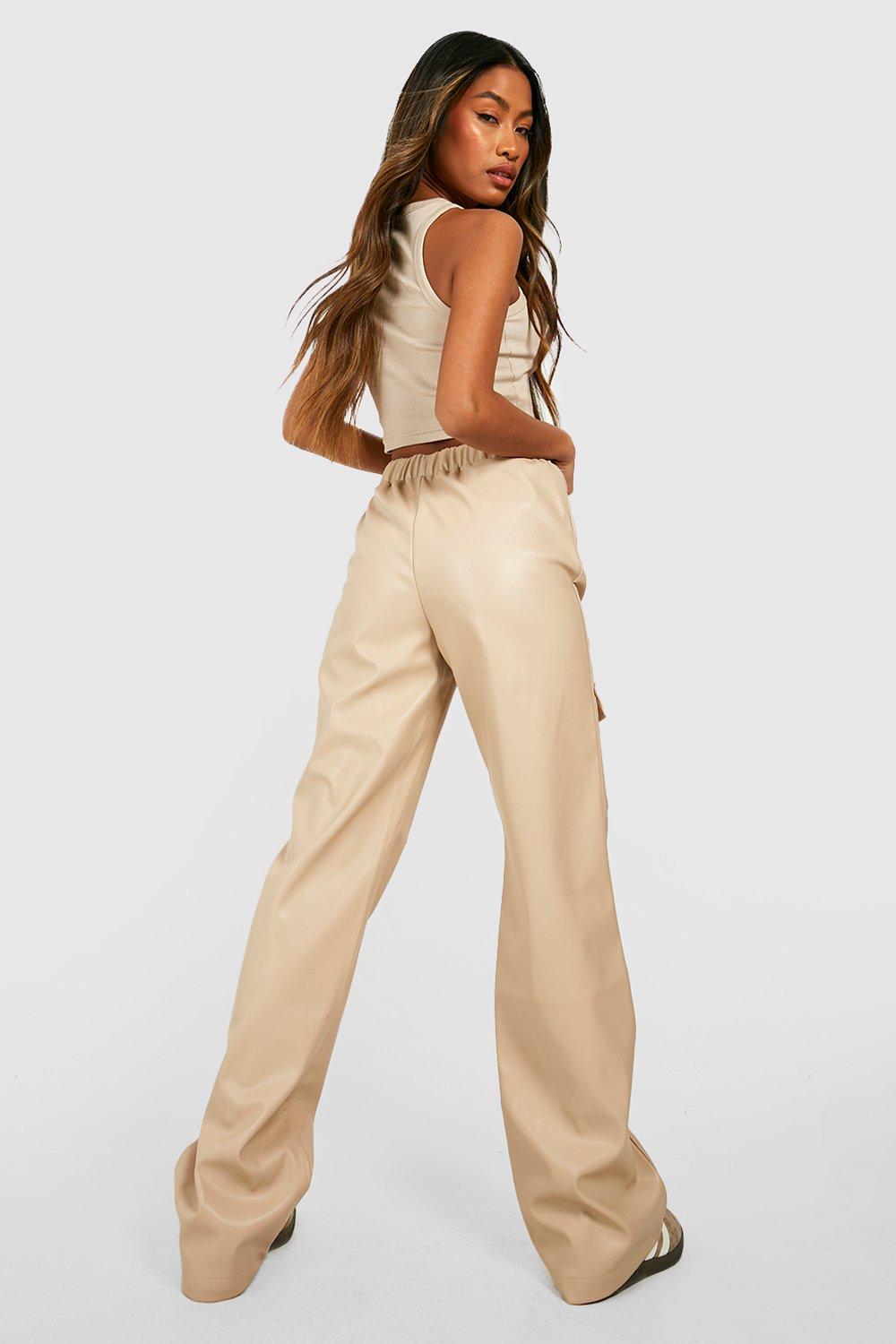 Ecru Faux Leather Straight Leg Trousers