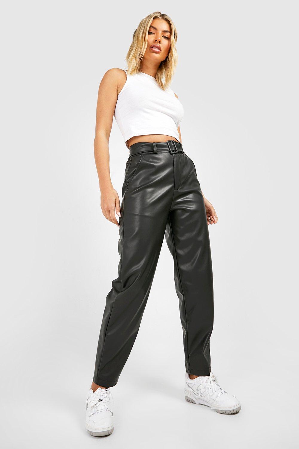 Faux Leather High Waisted Belted Tapered Pants