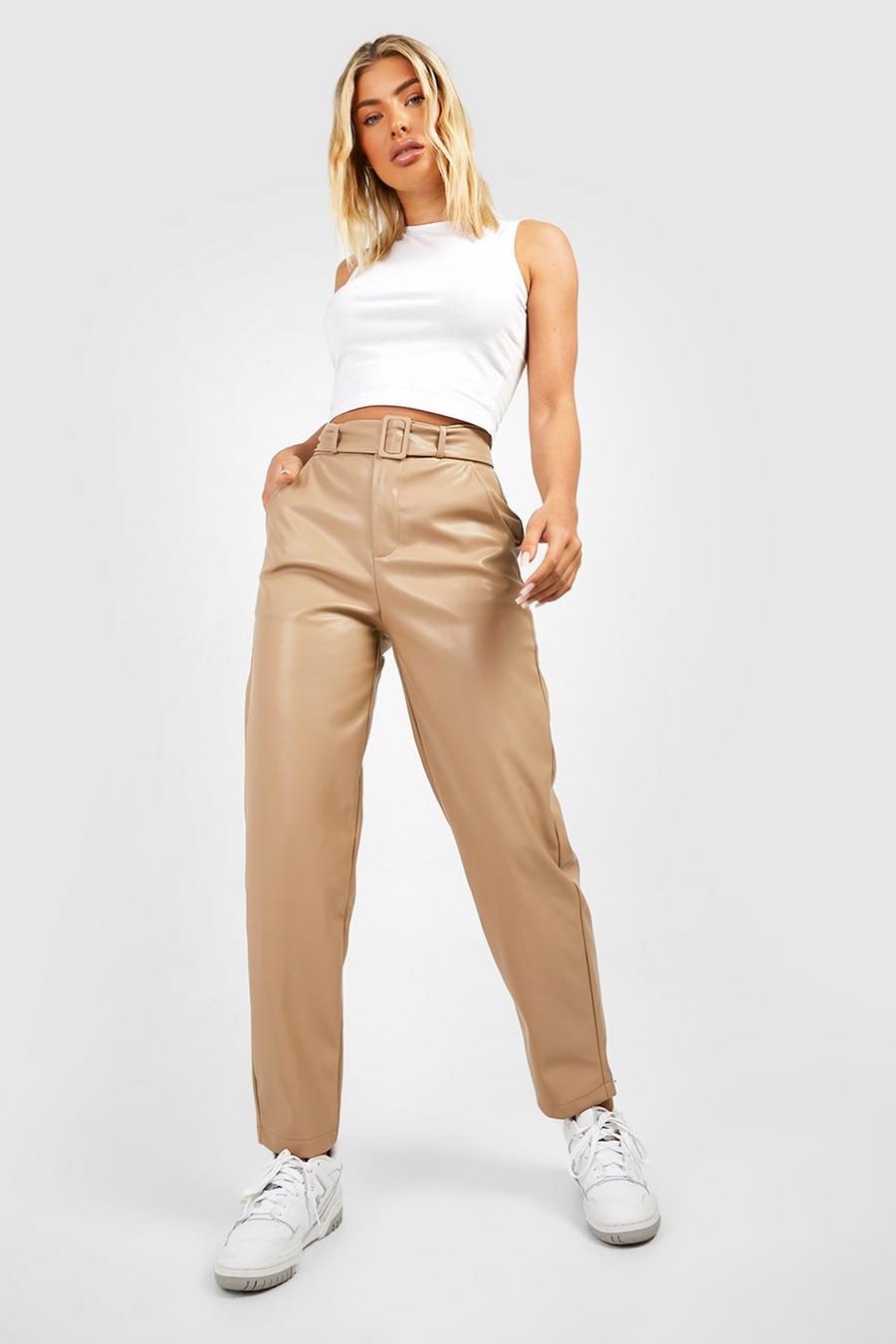 Taupe Leather Look High Waisted Belted Tapered Trousers image number 1