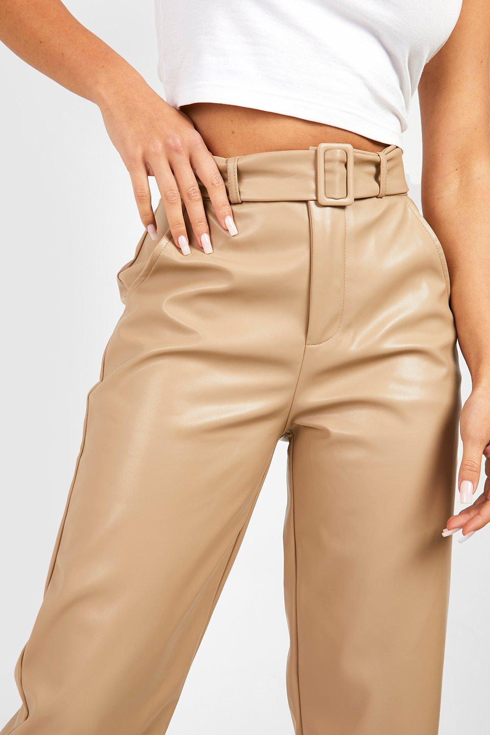 Stone Belted Straight Leg Faux Leather Trousers