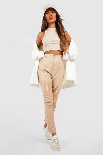 Ecru White Faux Leather High Waisted Moto Skinny Pants