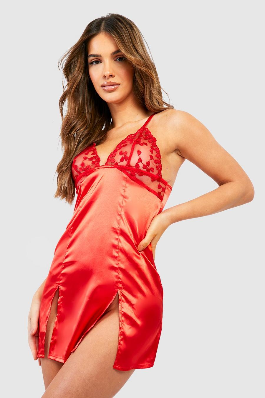Red Heart Embroidery Satin Babydoll 