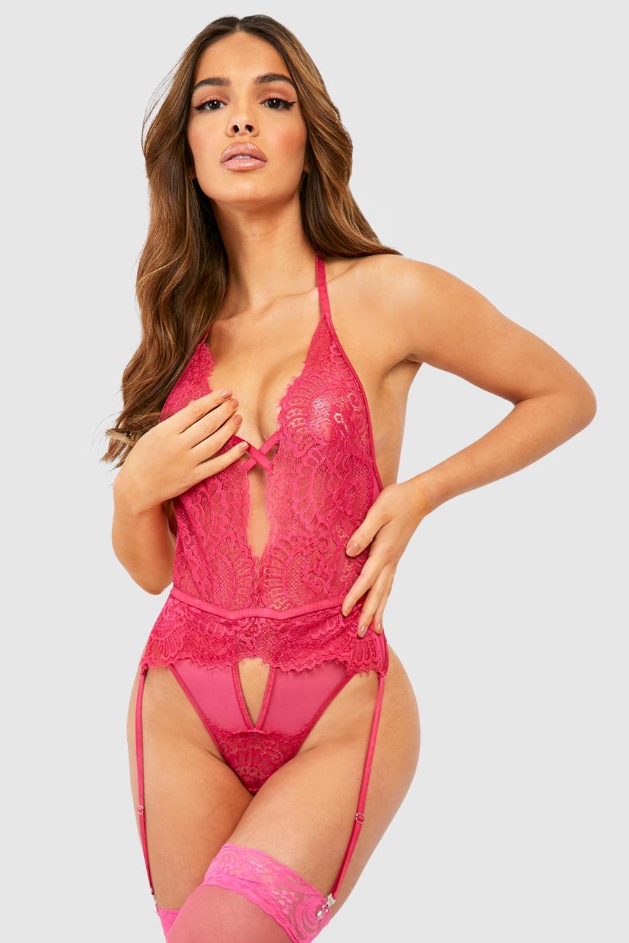 Hot pink Lace Plunge Bodysuit