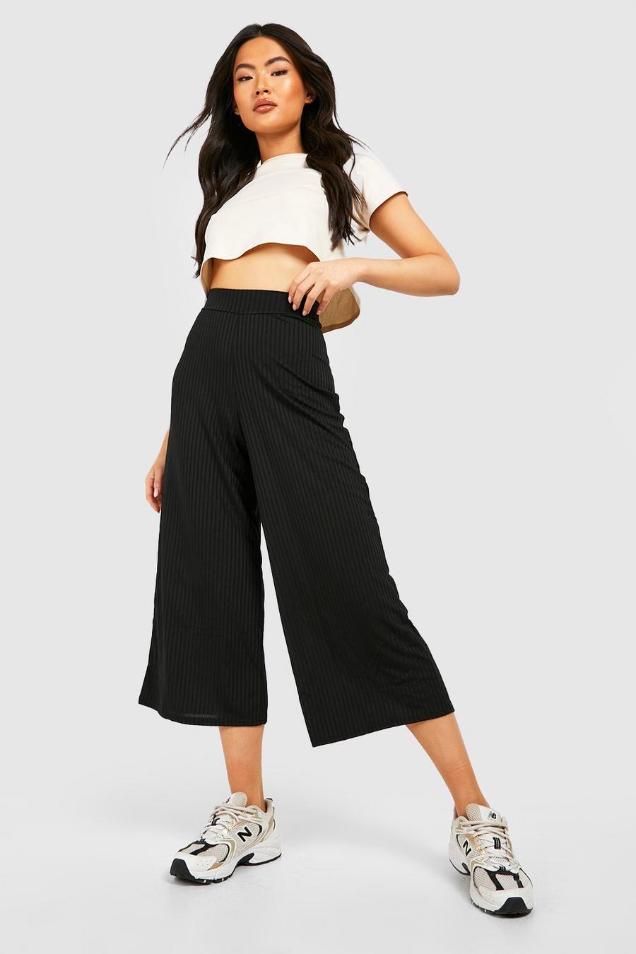 Black Soft Rib Culotte Trousers image number 1