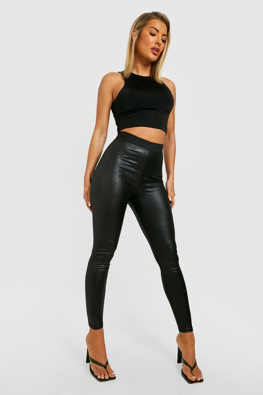 Black Cinched High Waisted Wet Look Leggings image number 1