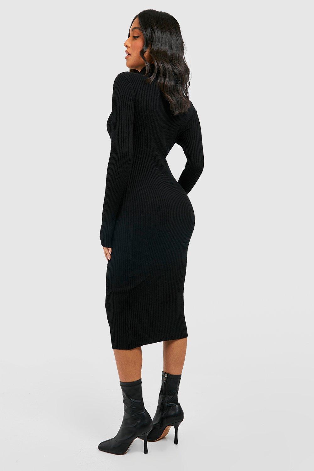 Boohoo Women s Petite High Neck Rib Knit Midi Dress Black