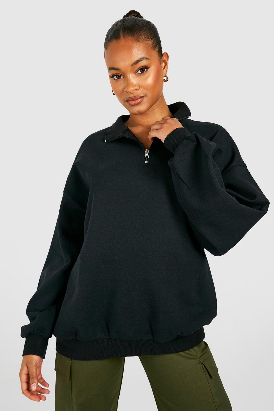 Tall Oversize Sweatshirt mit halben Reißverschluss, Black image number 1