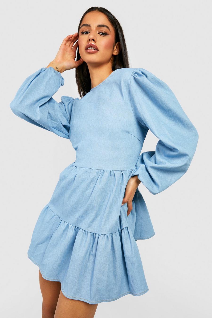 Light blue Puff Sleeve Backless Chambray Skater Dress image number 1