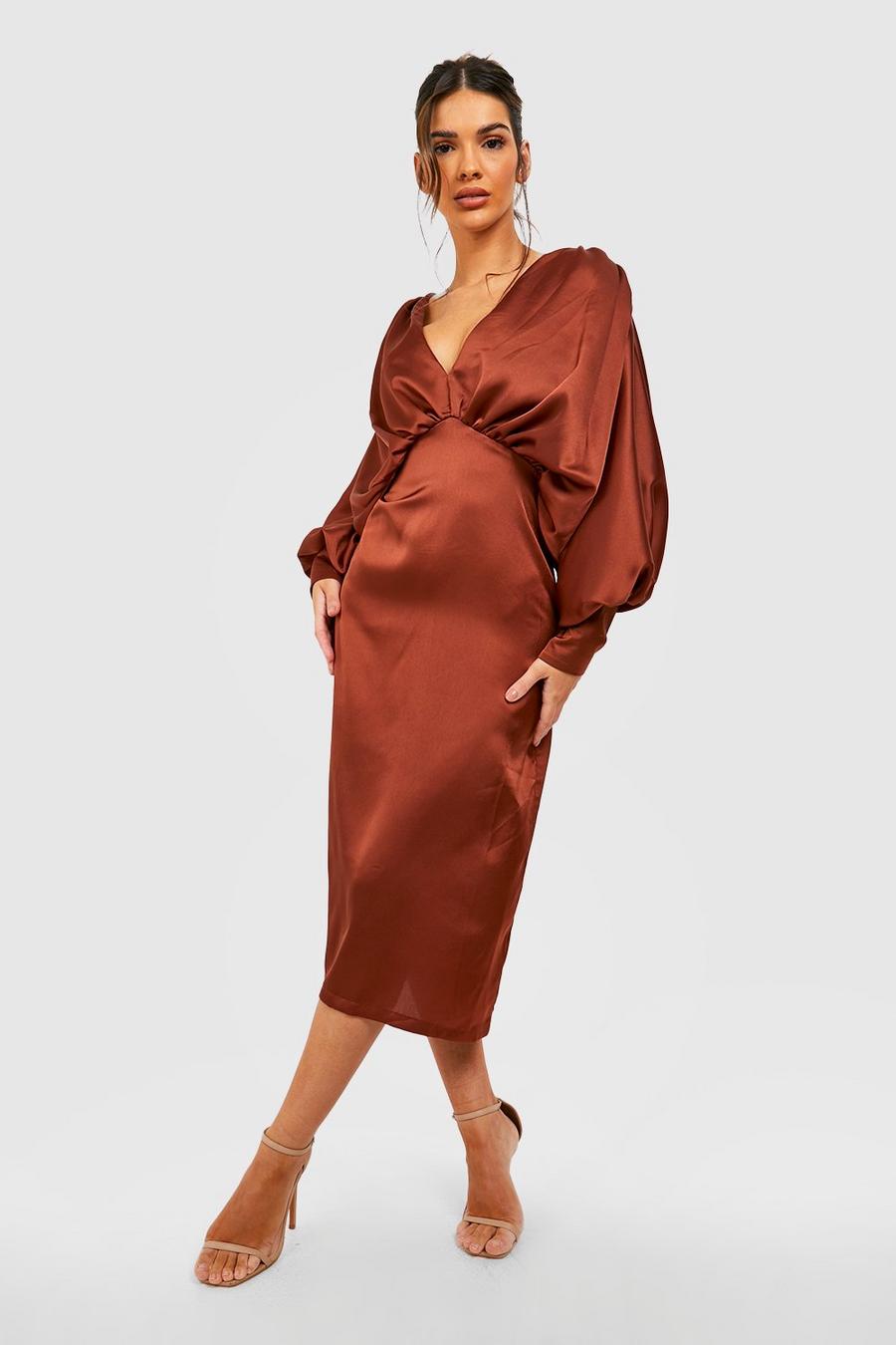 Chocolate Satin Plunge Blouson Sleeve Midi Dress  image number 1