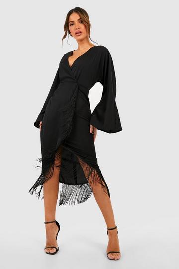 Black Tassel Hem Wrap Midi Dress